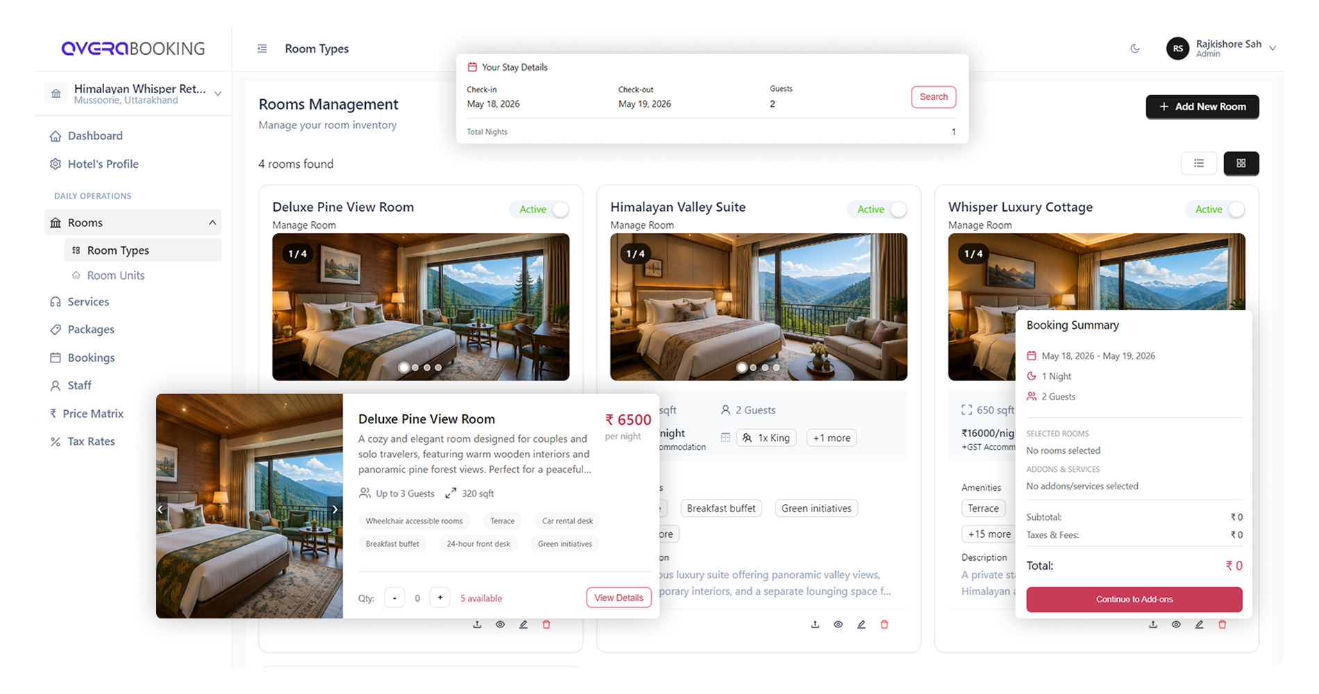Vera Booking hotel management dashboard